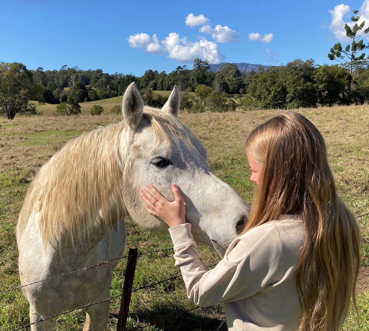 A young person resting a hand on a white horse in a paddock