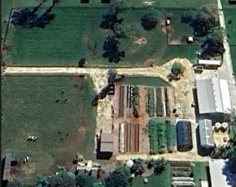 The school farm site from above, beds and sheds taking shape in open lawn
